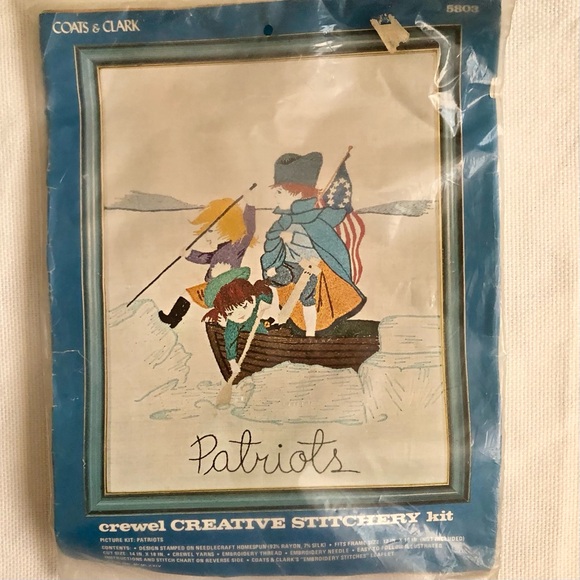 Crewel stitchery kit Coats & Clark Vintage 12x16 named Patriots kids boat  flag - Picture 1 of 8